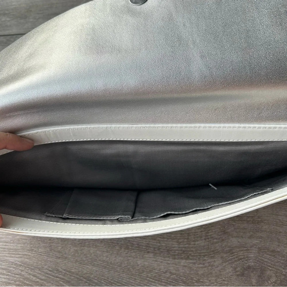 BCBGMAXAZRIA Metallic Laser Cut  Leather Criss Cross Flap Clutch Evening Handbag - Picture 13 of 16